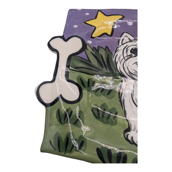Hand-Painted Ceramic Westie Dog Plate Tray Signed by Artist Bone Handles 11 3/4" - Picture 5 of 8